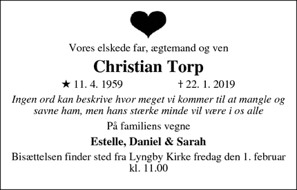 Dødsannoncen for Christian Torp - Lyngby, Denmark