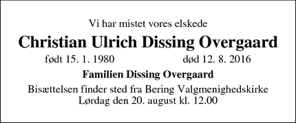 Dødsannoncen for Christian Ulrich Dissing Overgaard - Vrads