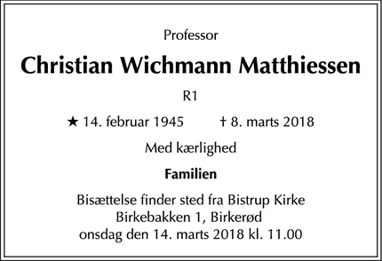 Dødsannoncen for Christian Wichmann Matthiessen - Birkerød