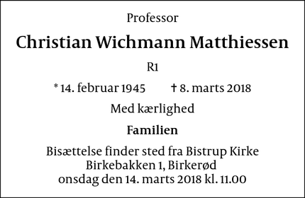 Dødsannoncen for Christian Wichmann Matthiessen - Birkerød