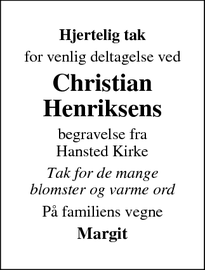 Taksigelsen for Christian
Henriksens - Horsens