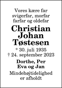 Dødsannoncen for Christian
Johan
Tøstesen - Skagen
