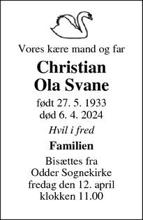 Dødsannoncen for Christian
Ola Svane - Odder