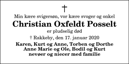 Dødsannoncen for Christian Oxfeldt Posselt - Hjørring