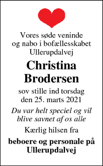 Dødsannoncen for Christina Brodersen - Fredericia