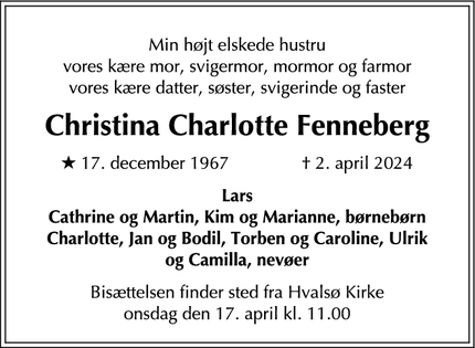 Dødsannoncen for Christina Charlotte Fenneberg - Charlottenlund