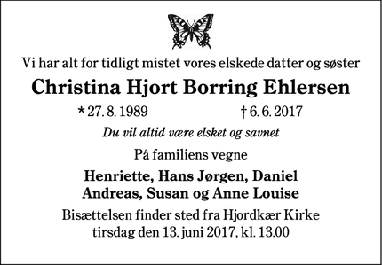Dødsannoncen for Christina Hjort Borring Ehlersen - Hjordkær, Danmark