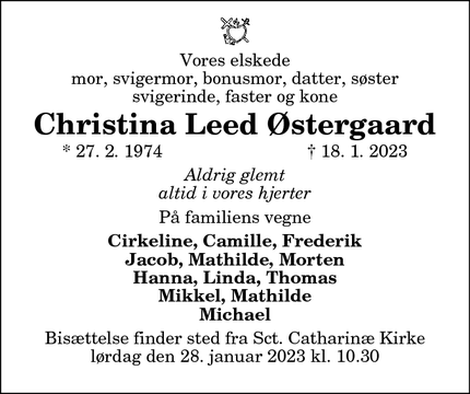 Dødsannoncen for Christina Leed Østergaard - Hjørring