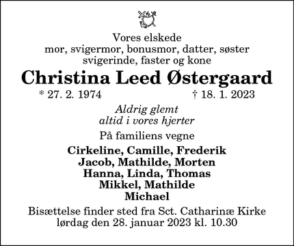 Dødsannoncen for Christina Leed Østergaard - Hjørring