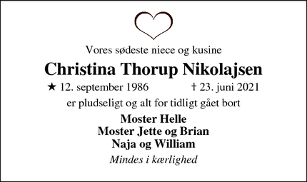 Dødsannoncen for Christina Thorup Nikolajsen - Aars