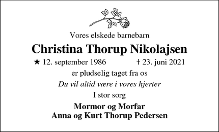 Dødsannoncen for Christina Thorup Nikolajsen - Aars
