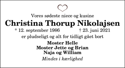 Dødsannoncen for Christina Thorup Nikolajsen - Aars