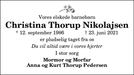 Dødsannoncen for Christina Thorup Nikolajsen - Aars