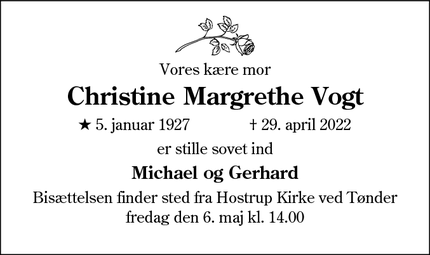 Dødsannoncen for Christine Margrethe Vogt - Charlottenlund