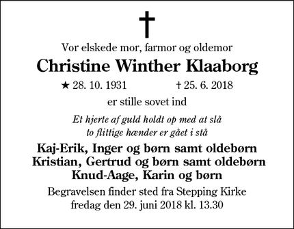 Dødsannoncen for Christine Winther Klaaborg - Stepping