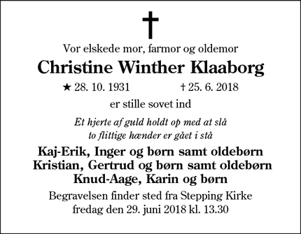 Dødsannoncen for Christine Winther Klaaborg - Stepping