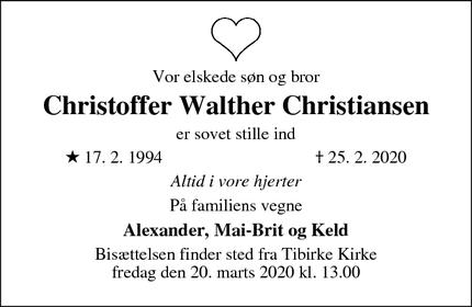Dødsannoncen for Christoffer Walther Christiansen - Tisvildeleje