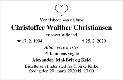 Dødsannoncen for Christoffer Walther Christiansen - Tisvildeleje
