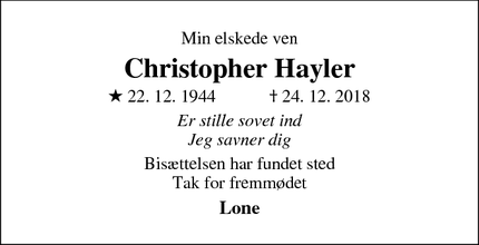Dødsannoncen for Christopher Hayler - Kolding