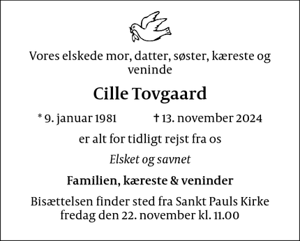 Dødsannoncen for Cille Tovgaard - København 