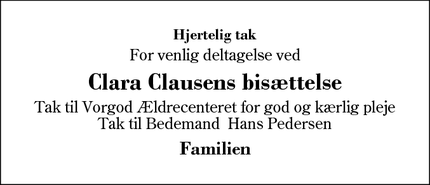 Taksigelsen for Clara Clausens bisættelse - Videbæk