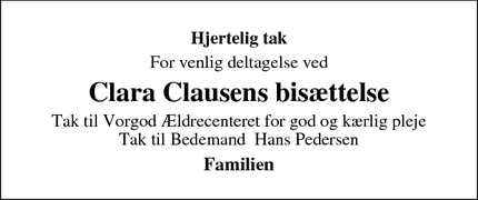 Taksigelsen for Clara Clausens bisættelse - Videbæk