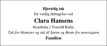 Dødsannoncen for Clara Hansens - Vonsild
