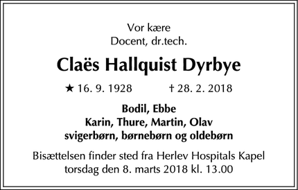 Dødsannoncen for Claës Hallquist Dyrbye - Vanløse