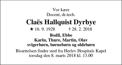 Dødsannoncen for Claës Hallquist Dyrbye - Vanløse