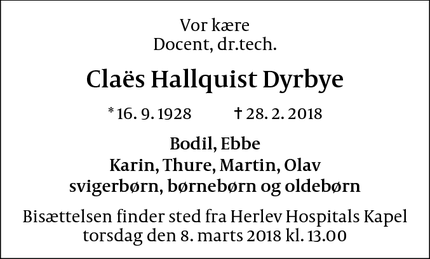 Dødsannoncen for Claës Hallquist Dyrbye - Vanløse