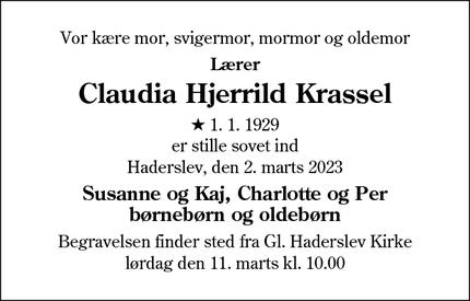 Dødsannoncen for Claudia Hjerrild Krassel - Haderslev