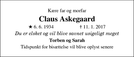 Dødsannoncen for Claus Askegaard - Svendborg