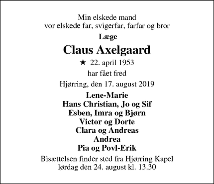 Dødsannoncen for Claus Axelgaard - Hjørring