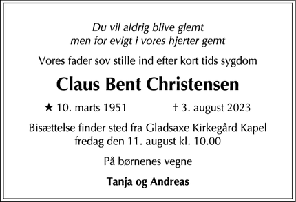 Dødsannoncen for Claus Bent Christensen - Bagsværd 