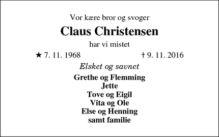 Dødsannoncen for Claus Christensen - Tarm