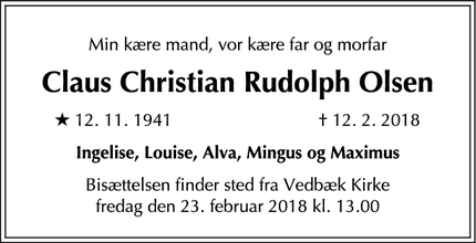 Dødsannoncen for Claus Christian Rudolph Olsen - Fredensborg
