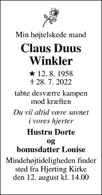 Dødsannoncen for Claus Duus Winkler - Esbjerg