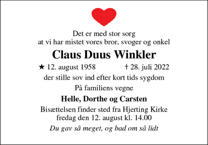 Dødsannoncen for Claus Duus Winkler - Esbjerg 
