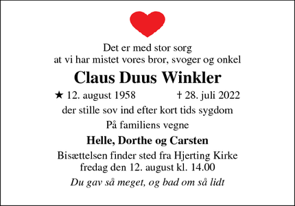 Dødsannoncen for Claus Duus Winkler - Esbjerg 