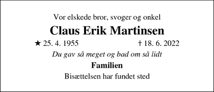 Dødsannoncen for Claus Erik Martinsen - Albertslund