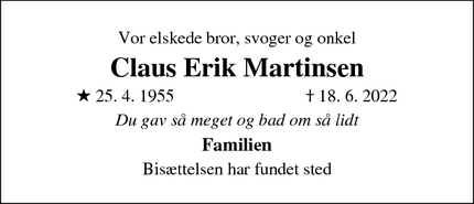 Dødsannoncen for Claus Erik Martinsen - Albertslund