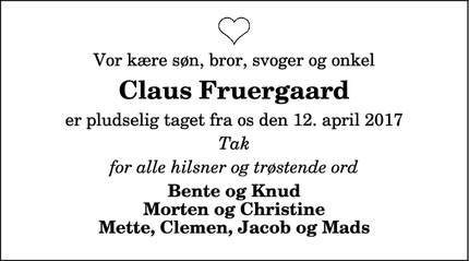 Dødsannoncen for Claus Fruergaard - Hadsund