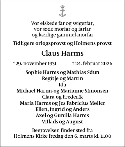 Dødsannoncen for Claus Harms - Rødovre