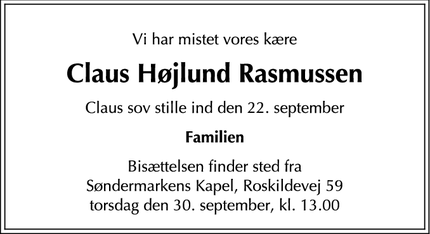 Dødsannoncen for Claus Højlund Rasmussen - Frederiksberg