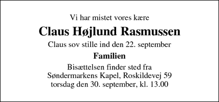 Dødsannoncen for Claus Højlund Rasmussen - Frederiksberg