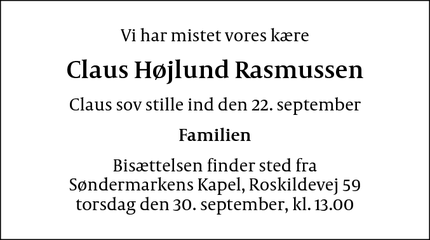 Dødsannoncen for Claus Højlund Rasmussen - Frederiksberg