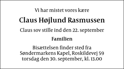 Dødsannoncen for Claus Højlund Rasmussen - Frederiksberg