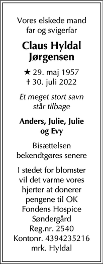 Dødsannoncen for Claus Hyldal
Jørgensen - Værløse