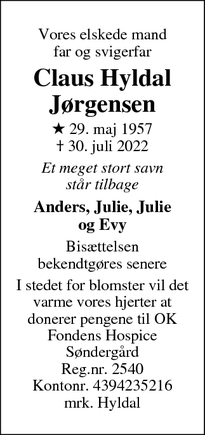 Dødsannoncen for Claus Hyldal
Jørgensen - Værløse