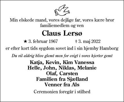 Dødsannoncen for Claus Lersø - Hamborg , fødeby Nordborg